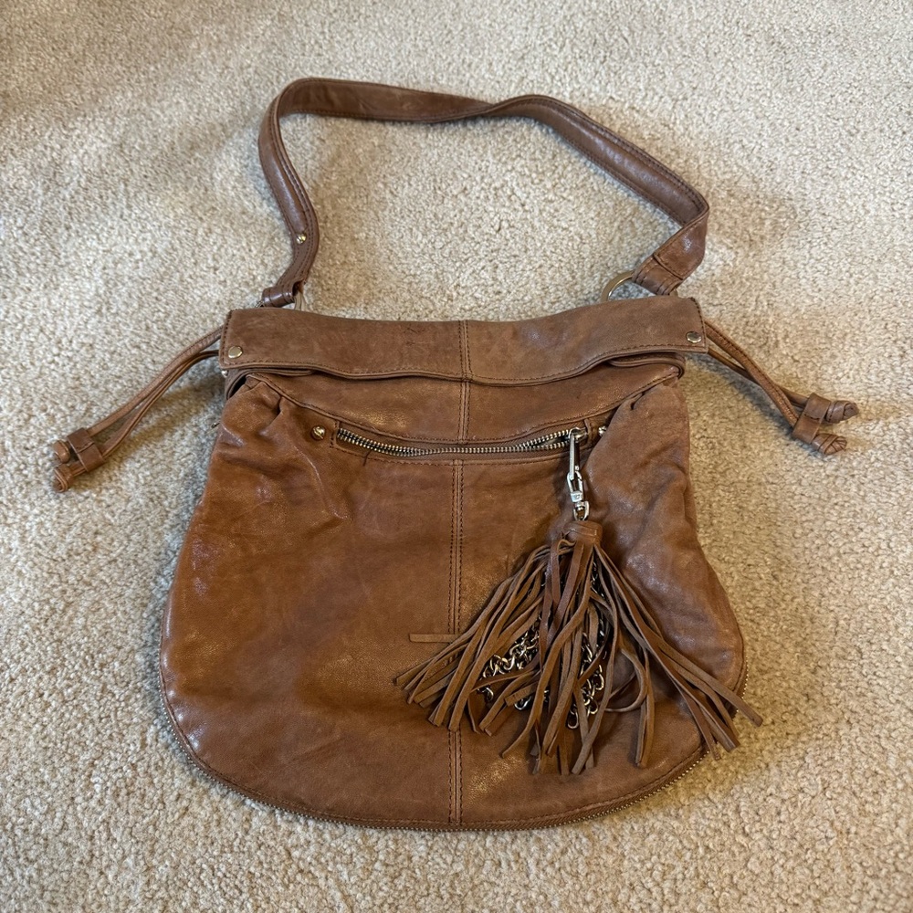 Junior Drake Camel Brown Leather Fringe Zipper Detail Hobo Shoulder Bag